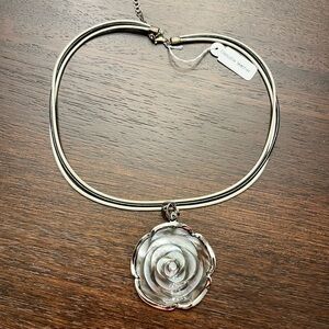 Vintage Genuine Leather Silver Necklace with Mother of Pearl Rose Pendant